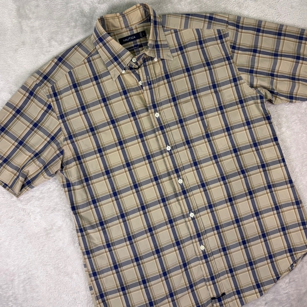 Nautica Men's Short Sleeve Plaid Shirt Size L Tan Blue 100% Cotton Sanded Poplin